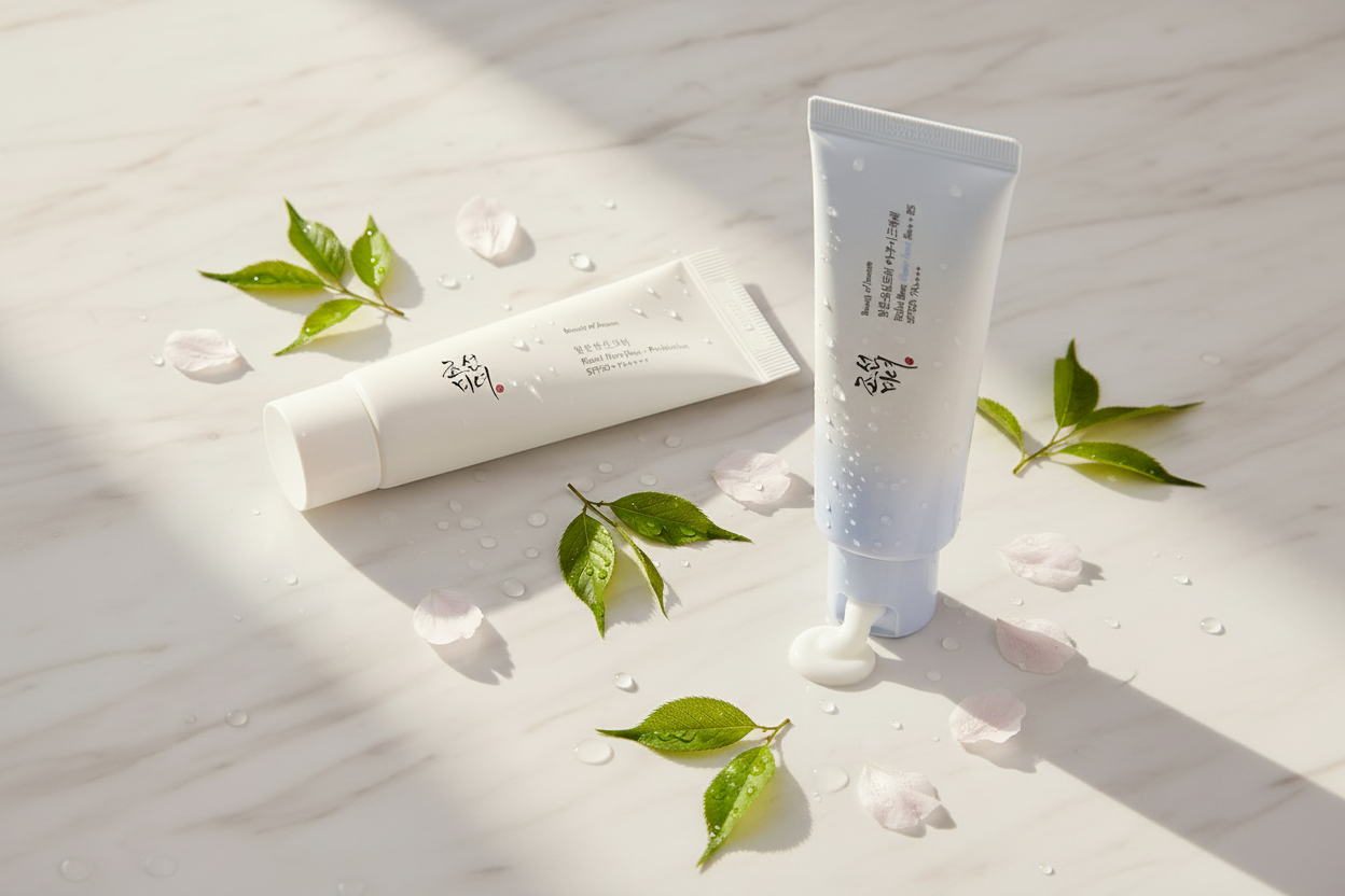 Două produse SPF Beauty of Joseon pe marmură albă cu lumină naturală și botanice — Hanna K-Beauty