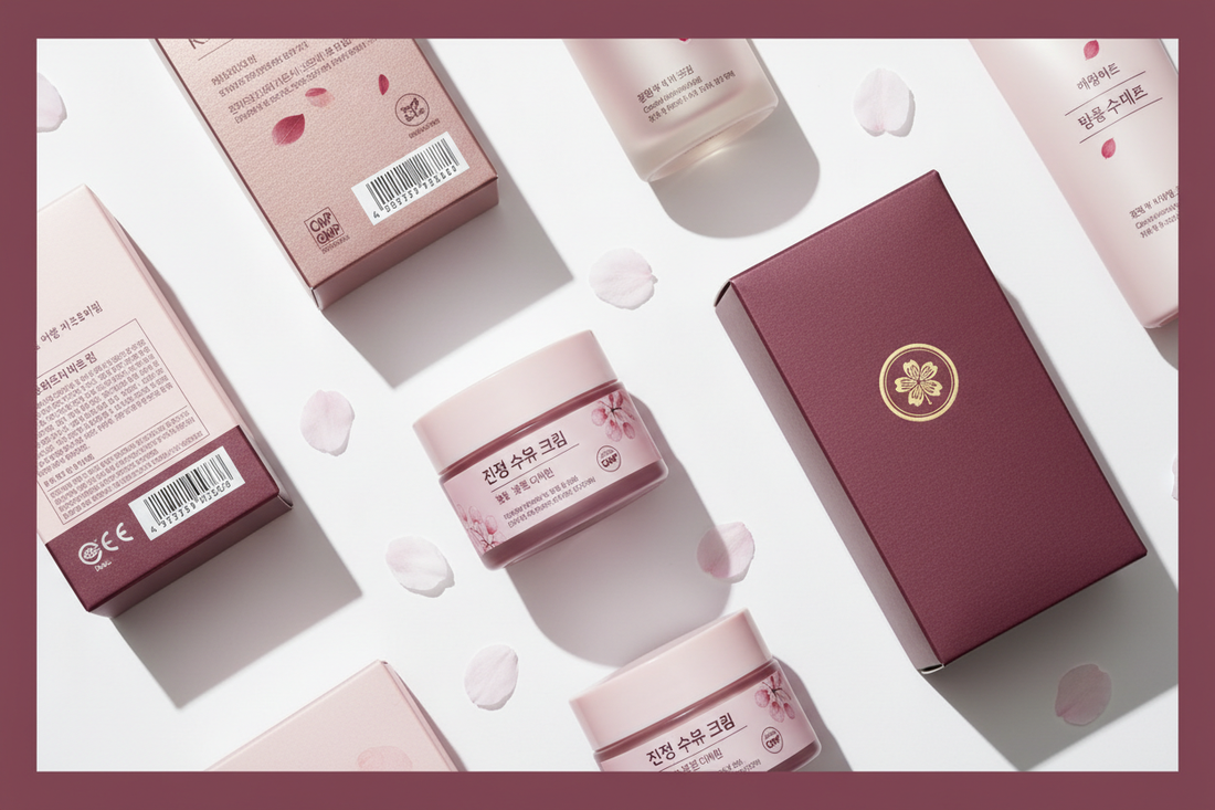 Produse K-beauty autentice COSRX și Anua cu etichete originale coreene, cod de bare și certificări, aranjate cu petale de cherry blossom pe fundal alb - ghid verificare autenticitate