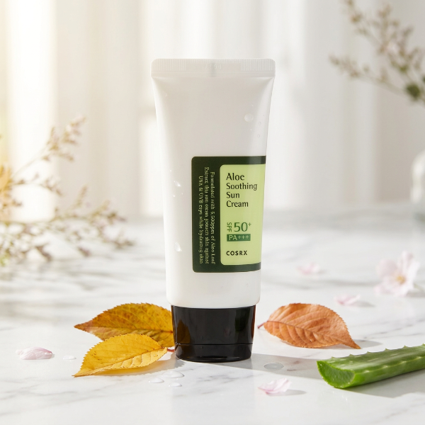 COSRX Aloe Soothing Sun Cream cu frunze aurii și aloe