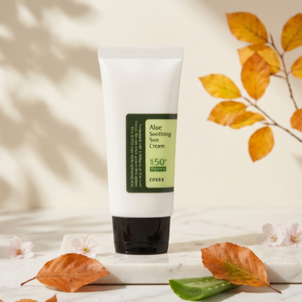 COSRX Aloe Soothing Sun Cream pe marmură în decor de toamnă