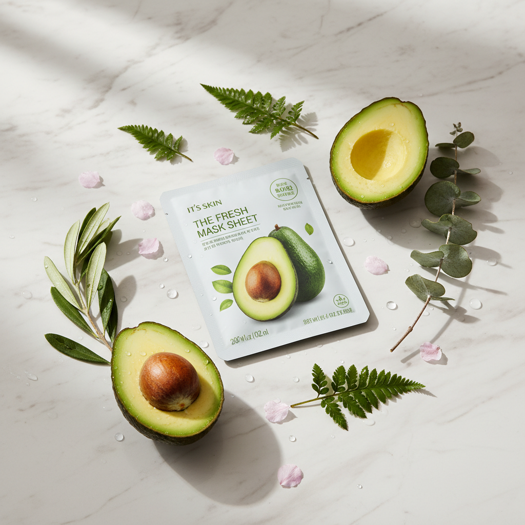 It's Skin The Fresh Mask Sheet Avocado pe marmură albă cu avocado proaspăt și lumină naturală