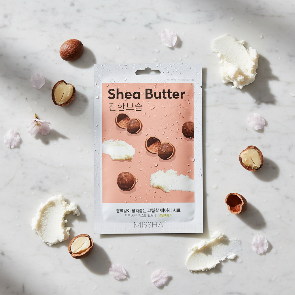 Missha Airy Fit Sheet Mask Shea Butter pe marmură albă cu unt de shea și lumină naturală
