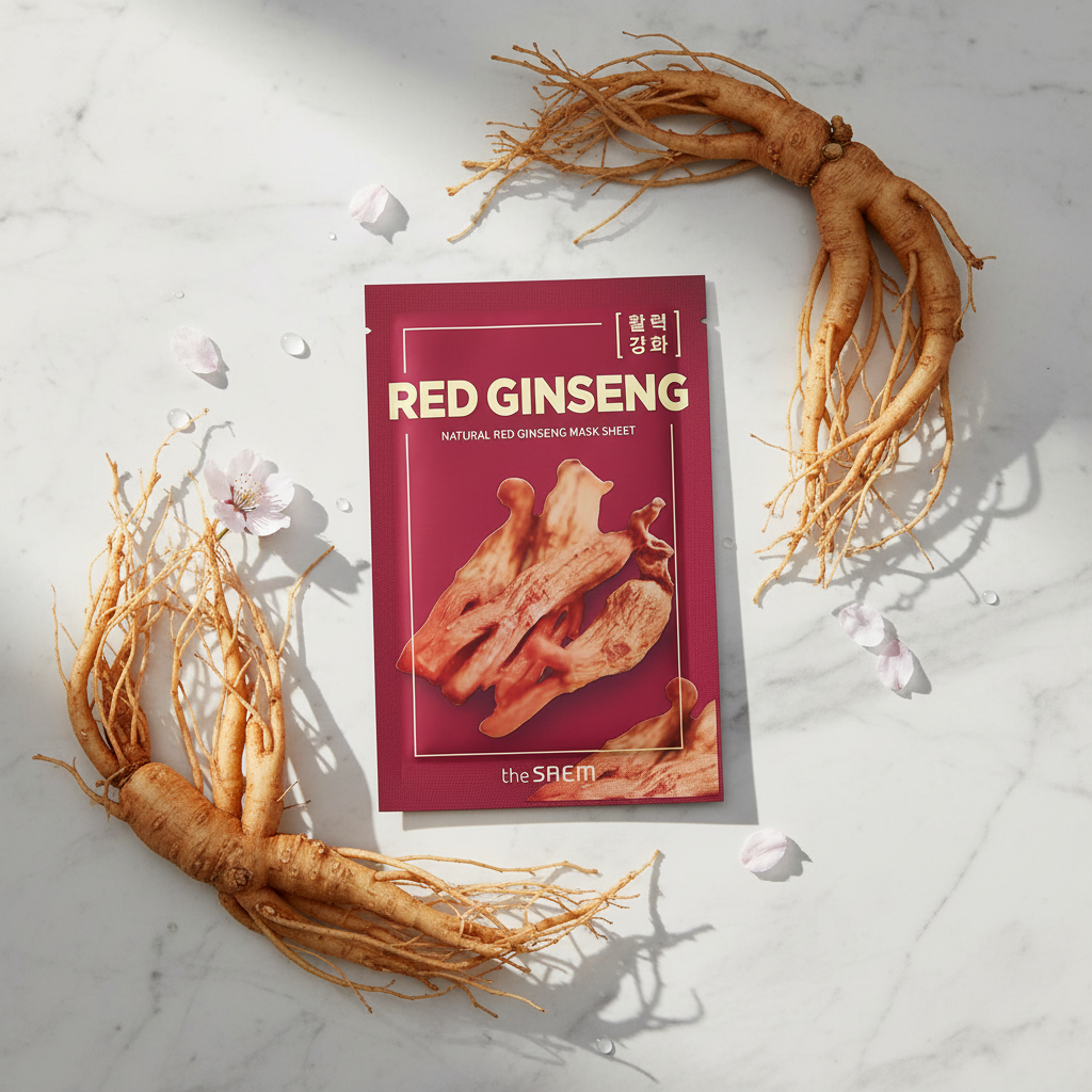 The Saem Natural Red Ginseng Mask Sheet pe marmură albă cu rădăcini de ginseng roșu și lumină naturală