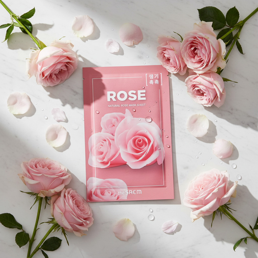 The Saem Natural Rose Mask Sheet pe marmură albă cu trandafiri roz și lumină naturală