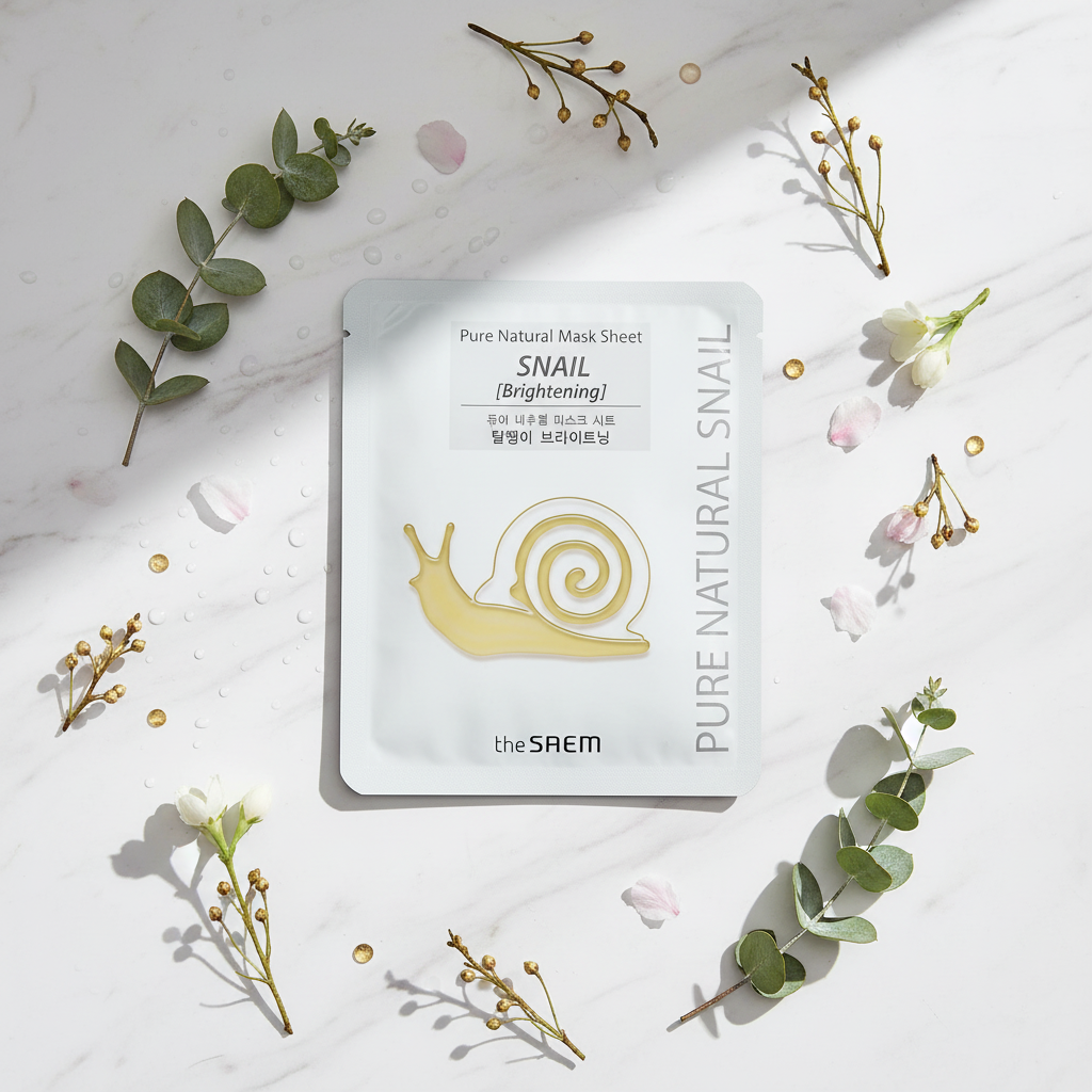 The Saem Pure Natural Mask Sheet Snail Brightening pe marmură albă cu frunze botanice și lumină naturală
