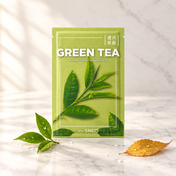 Mască The Saem Green Tea în decor minimalist de toamnă